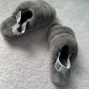 UGG Gray Fluffy Slide Slippers